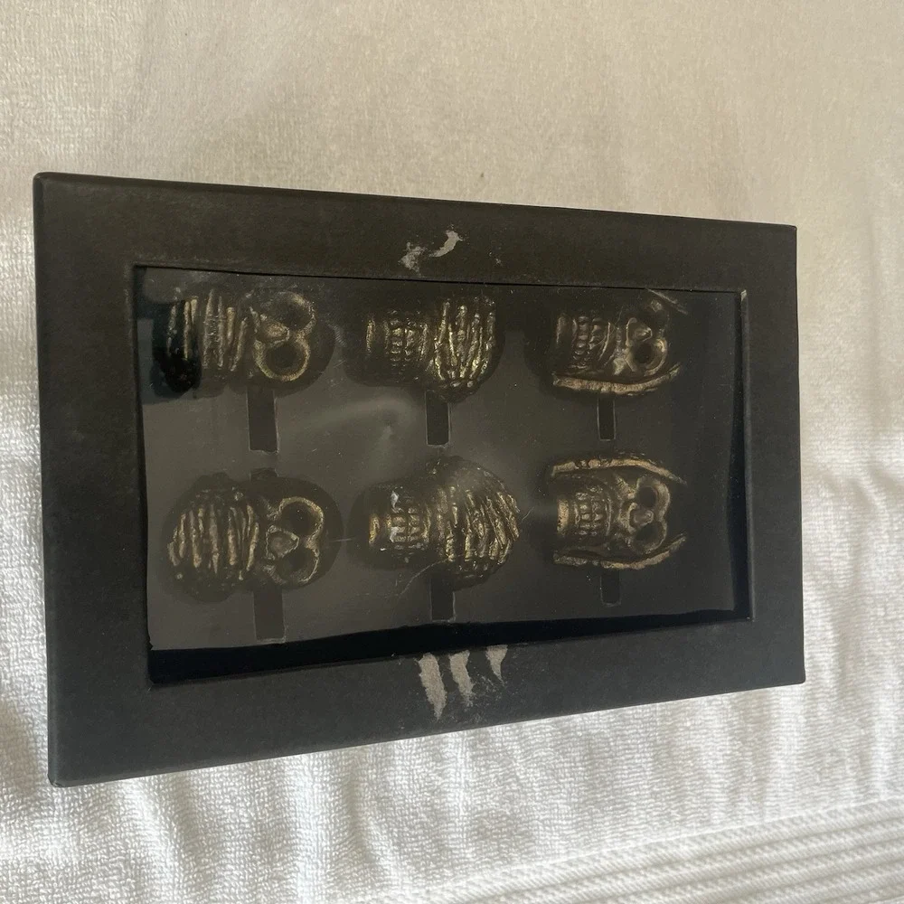 Rachel Zoe Set Of 6 Skull Napkin Rings See Hear Speak No Evil Antique Gold Metal